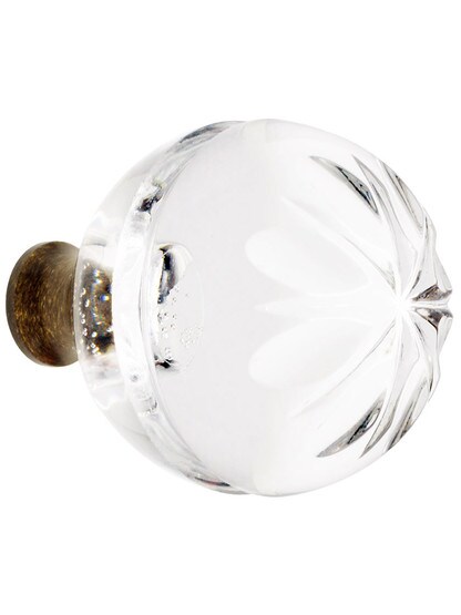 German Crystal Knob With Etched Floral Top And Solid Brass Base in Antique Brass.